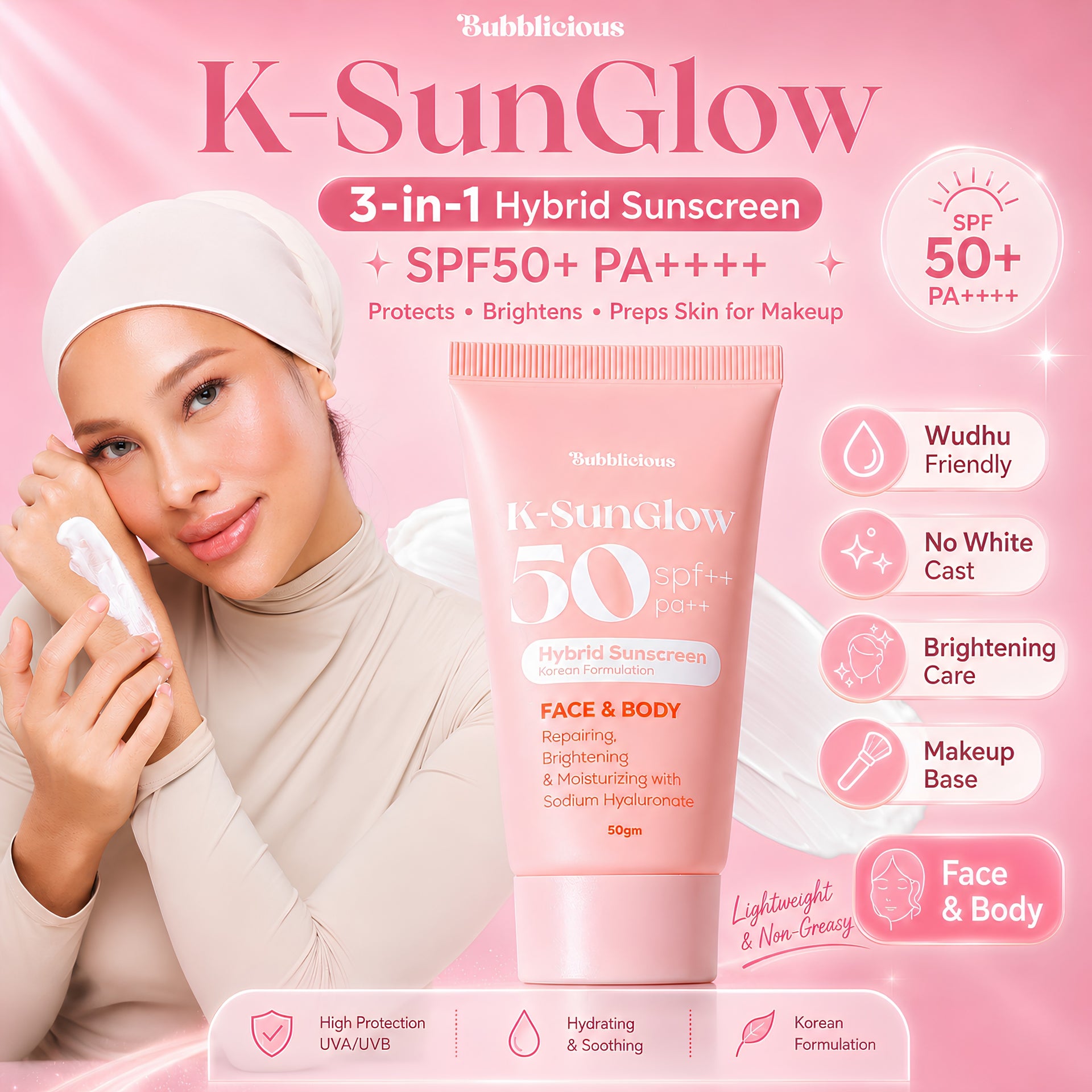 3in1 K-Sunglow Hybrid Suncreen (50) - Protection, Brightens, Moisturiser, Makeup Base